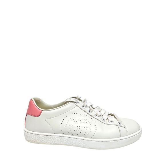 GUCCI $750 White Pink Perforated Leather Interlocking GG Ace Sneakers IT 35 US 5 - Picture 1 of 11